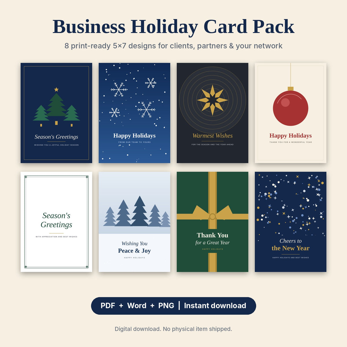 Business Holiday Card Pack | 8 Printable 5x7 Holiday Cards for Clients & Colleagues (PDF + Word)