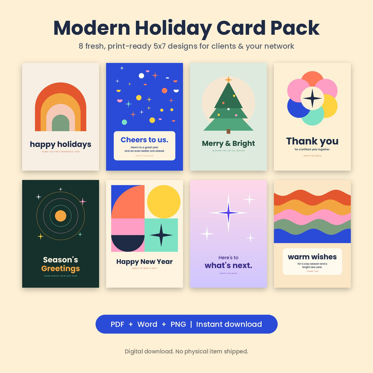 Modern Business Holiday Card Pack | 8 Printable 5x7 Holiday Cards for Clients & Colleagues (PDF + Word)