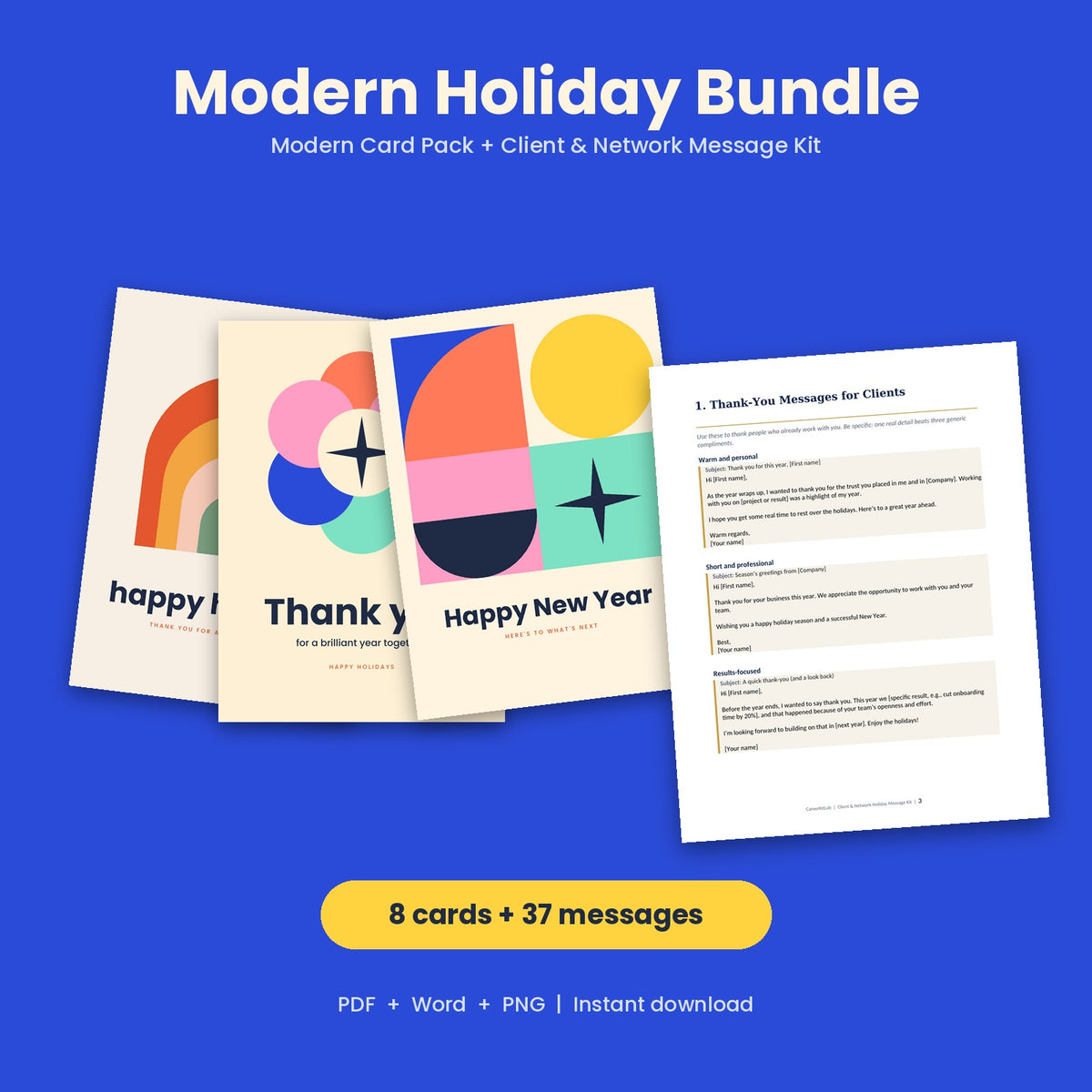 Modern Holiday Bundle | 8 Printable Modern Holiday Cards + 25 Client & Network Messages