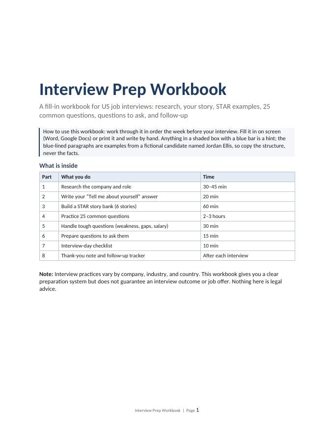 Interview Prep Workbook | STAR Stories, 25 Common Questions & Thank-You Emails