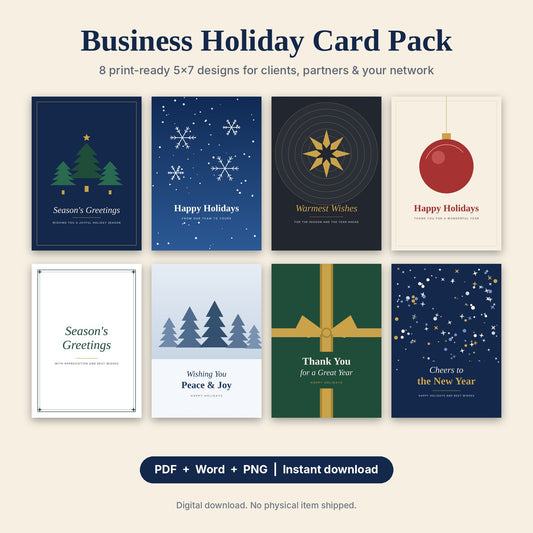 Business Holiday Card Pack | 8 Printable 5x7 Holiday Cards for Clients & Colleagues (PDF + Word)