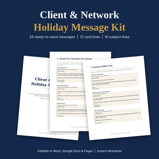 Client & Network Holiday Message Kit | 25 Holiday Emails, LinkedIn Notes & Card Lines
