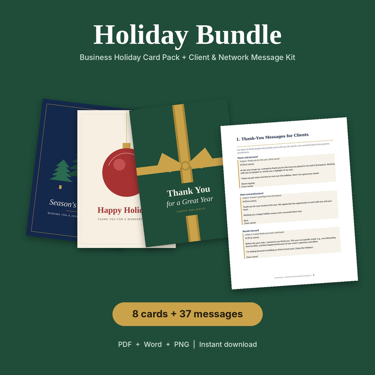 Holiday Bundle | 8 Printable Business Holiday Cards + 25 Client & Network Messages