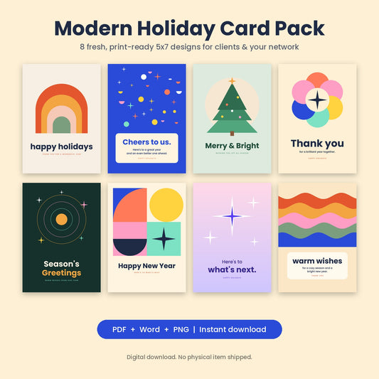 Modern Business Holiday Card Pack | 8 Printable 5x7 Holiday Cards for Clients & Colleagues (PDF + Word)
