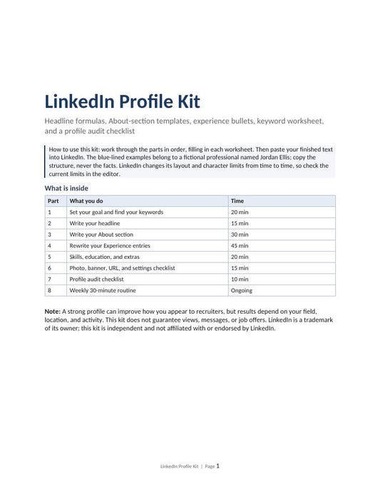 LinkedIn Profile Kit | Headline, About & Experience Worksheets + Message Templates