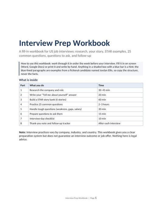 Interview Prep Workbook | STAR Stories, 25 Common Questions & Thank-You Emails